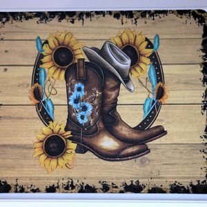 Western Cowgirl Boots and Hat with 3 Flowers Rectangular Mouse Pad 9.5 x 8 x 0.1